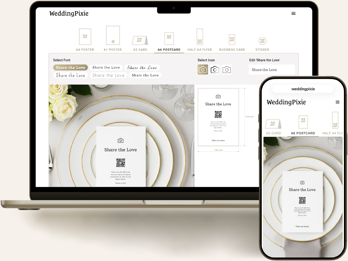 Screen shot of the laptop and mobile versions of the WeddingPixie wedding signage design tool select your preferred format